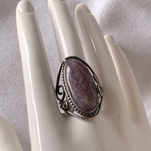 Vintage Sterling Silver Lavender Lace Agate Ring - Signed - size 6 3/4